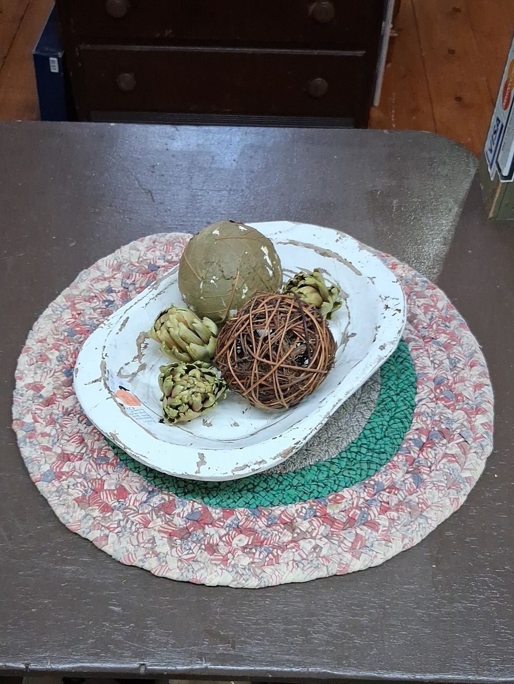 Rustic Farmhouse Primitive dough bowl, rag mat.